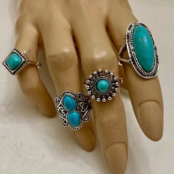Vintage 4pc Silver Tone- Faux Turquoise Rings (I) - Picture 13 of 13